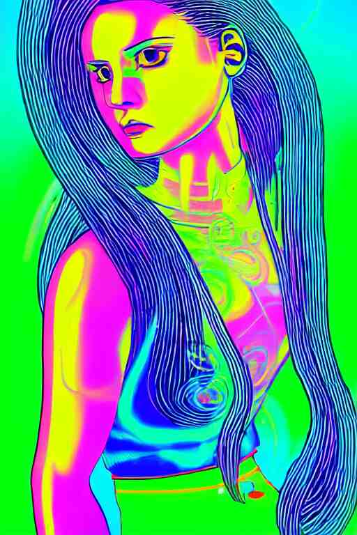 a award winning half body portrait of a beautiful woman with stunning eyes in a croptop and cargo pants with rainbow colored hair, routlined by whirling illuminated neon lines, fine rainbow colored lines swirling in circles, outrun, vaporware, shaded flat illustration, halftone, digital art, trending on artstation, highly detailed, fine detail, intricate 