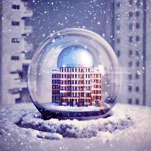 a snow globe with a soviet apartment building in it, a computer rendering by leandro erlich, diorama, trending on cgsociety, retrofuturism, tesseract, isometric, physically based rendering 