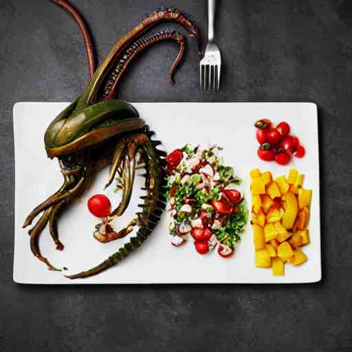 a plate of food made of salad and huge alien xenomorph, award winning photographer, food photography 