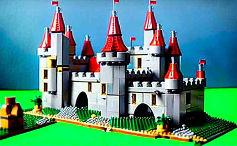 a realistic detailed accurate Lego set of a medieval French castle on a green hill