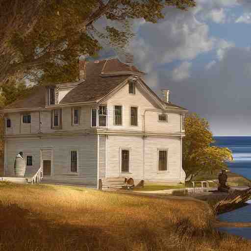 colonial house on the shore of Lake Huron, felix Kelly, artstation, Matte painting