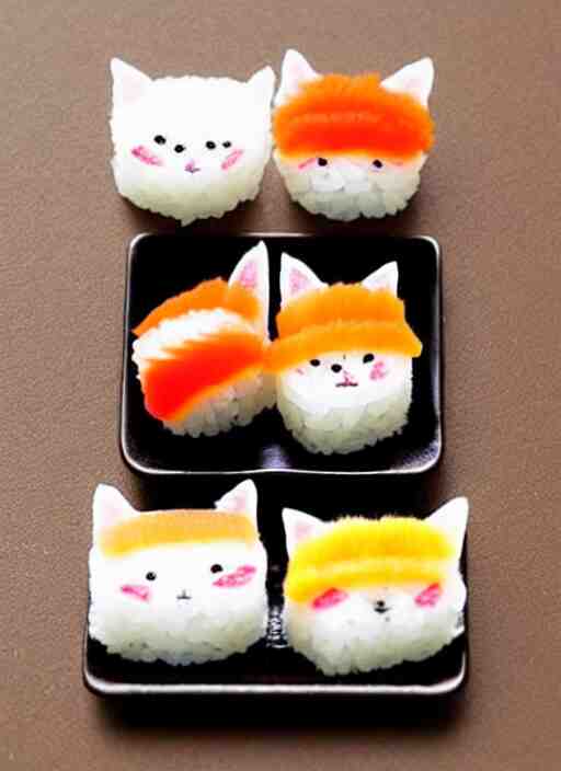 clear surrealist painting of tiny adorable cats made from sushi rice, sitting on sushi plates with sushi, garnish, wasabi and soy sauce 