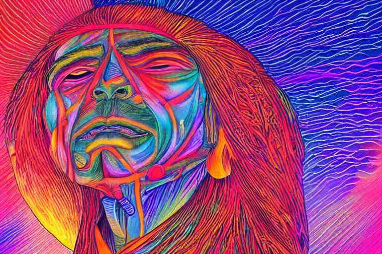 digital art of a spiritual native american man looking up at the stars, glowing light, acrylic art, universe, painting, pastel colors, alex grey, 