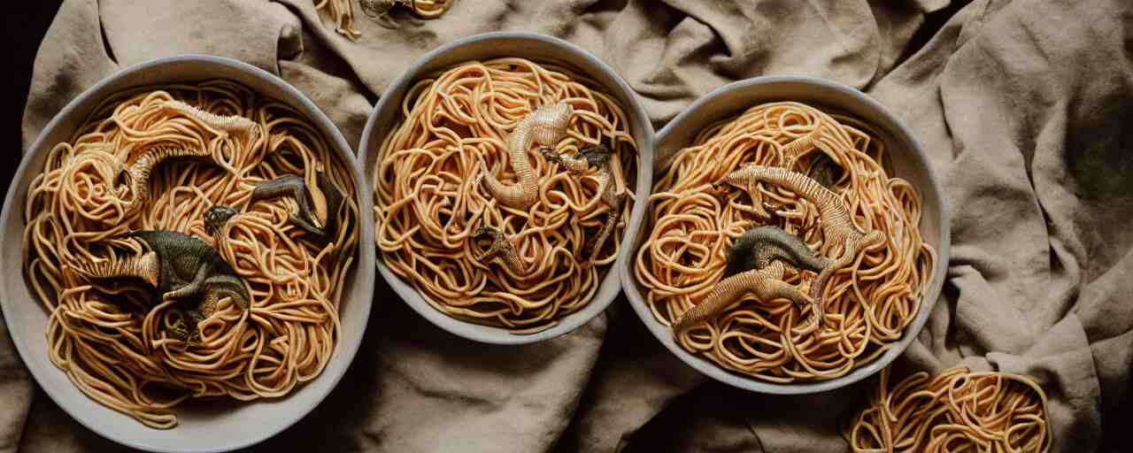 two dinosaurs fighting to the death, inside a bowl of spaghetti, canon 5 0 mm, cinematic lighting, photography, retro, film, kodachrome 