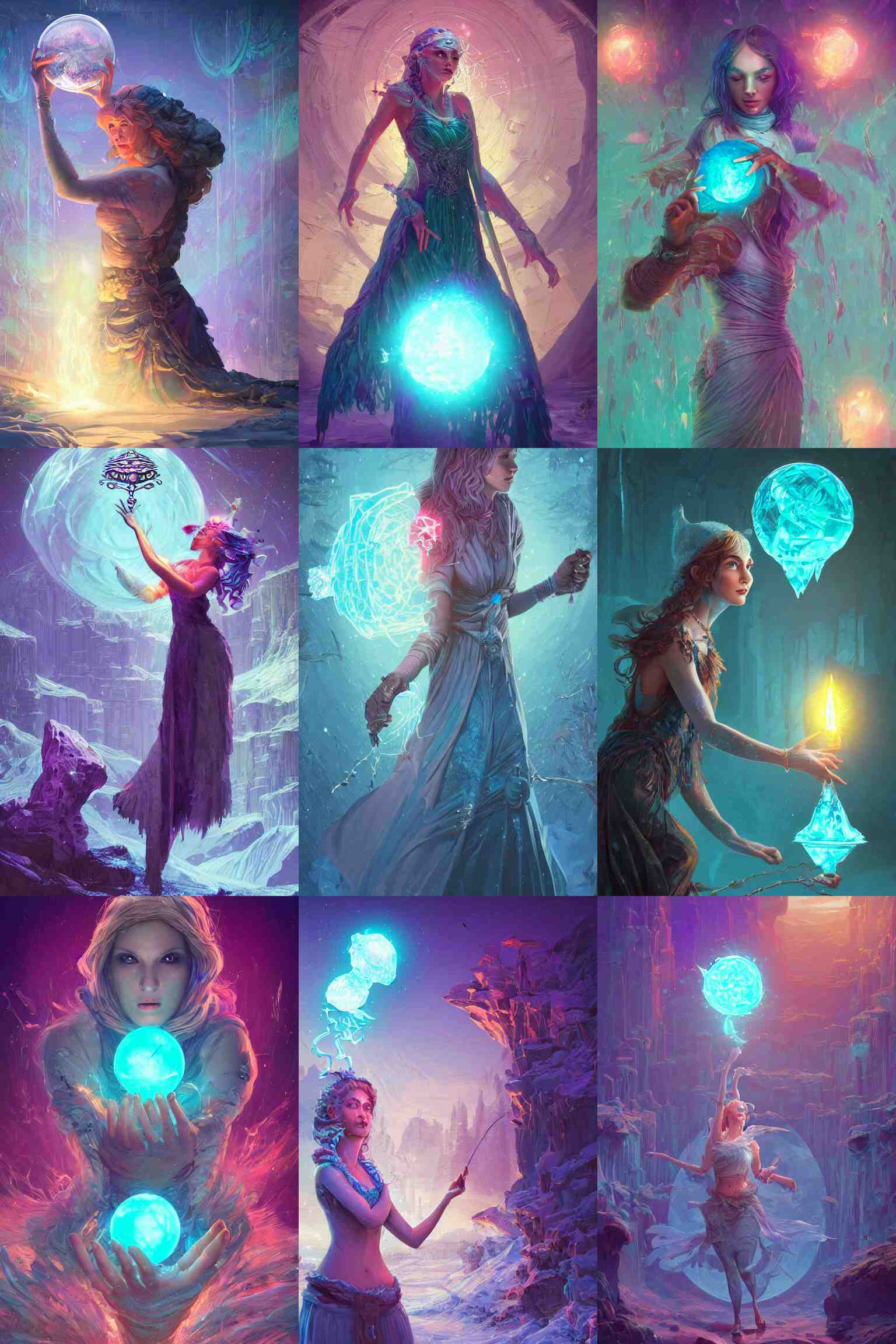 A sorceress  casting a ice ball,  detailed illustration, digital art, overdetailed art, concept art, highly saturated colors, detailed illustration, hd, 4k, digital art,  cgsociety and beeple highly detailed, cinematic lighting, illustration, art, very coherent. high detail, Dan Mumford, Greg, Rutkowski, trending on artstation