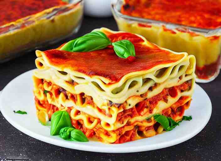 mouth - watering image of a vegan lasagne on the cover, with layers of pasta, vegetables, and a cheesy sauce. the lasagne is served with a side salad and a glass of red wine. 