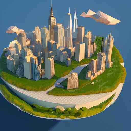 floating island with new york city in the sky, low poly, isometric art, 3d art, high detail, artstation, concept art, behance, ray tracing, smooth, sharp focus, ethereal lighting