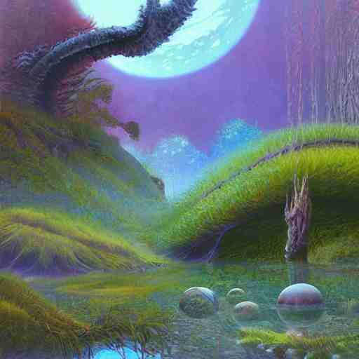 digital painting of a lush wet natural scene on an alien planet by gerald brom. digital render. detailed. beautiful landscape. colourful weird vegetation. 