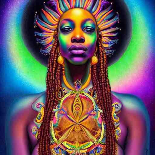 an extremely regal african queen with colorful dreadlocks and a glowing opal!!! in the center of her forehead, meditating in a magic mushroom zen garden, rainbow nebula clouds, by alex grey and afarin sajedi and amanda sage and android jones and agostino arrivabene and wayne barlowe in a psychedelic portrait style, surreal, afofuturism, afropunk, black art, ultrarealistic, rendered in cinema 4 d, volumetric lighting lighting, digital illustration, chakra, highly detailed, elegant, extremely ornate, fractal!, extremely symmetrical!!, highly detailed face, wide angle dynamic portrait, 8 k, hd. 