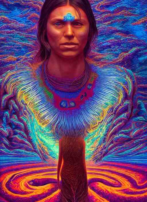 portrait ultra dimensional indigenous native, accidentally tripping on dmt and acid, psychedelic experience, overwhelming psychosis of self realization and burning awakening, ultra high definition, unreal engine 5, hyperrealism, masterpiece composition, by casey weldon, barclay shaw 