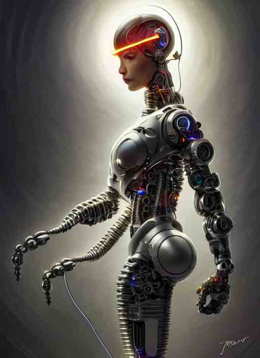 cyborg recharging in a computer lab connect to cables, diffuse lighting, fantasy, intricate, elegant, highly detailed, lifelike, photorealistic, digital painting, artstation, illustration, concept art, smooth, sharp focus, art by John Collier and Albert Aublet and James jean and Brian froud and ross tran and Artem Demura and Alphonse Mucha