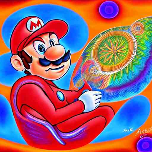 painting of mario relaxing by alex grey, psychedelic, vibrant, digital art, acrylic, 