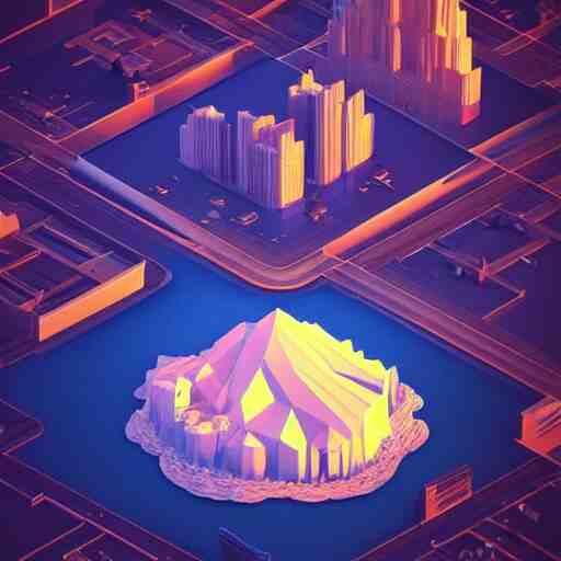 low poly art of a round floating island in the sky with the skyscrapers of New York on it, surrounded by waterfalls, isometric art, 3d render, ray tracing, high detail, artstation, concept art, behance, smooth, sharp focus, ethereal lighting, unreal engine 5