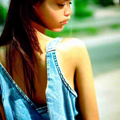 she, amazing, snapshot of, face, eyes, hair, neck of beautiful, fashionable, elegant, conservative, young, uzbek, fashion model and student, slender, tank top, denim shorts. image quite stunningly complex. nikon fm 2 film blow - up 