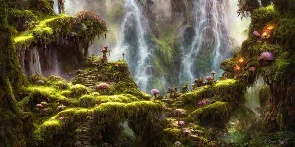 fairyland scenery landscape, lord of the rings, waterfalls, monoliths, flowers, mushroom structures, moss highly detailed, vivid color, perfect lighting, perfect composition, 8 k, brian froud, artgerm, derek zabrocki, greg rutkowski 