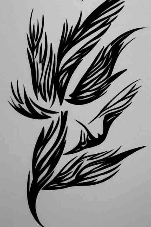 a simple artistic tattoo design of minimalist flying birds, black ink, abstract geometric logo 