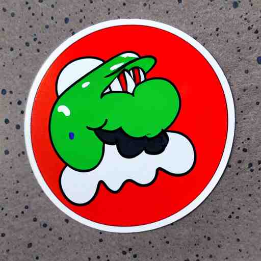 die cut sticker, yoshi wearing mario's mustache, splatter paint 