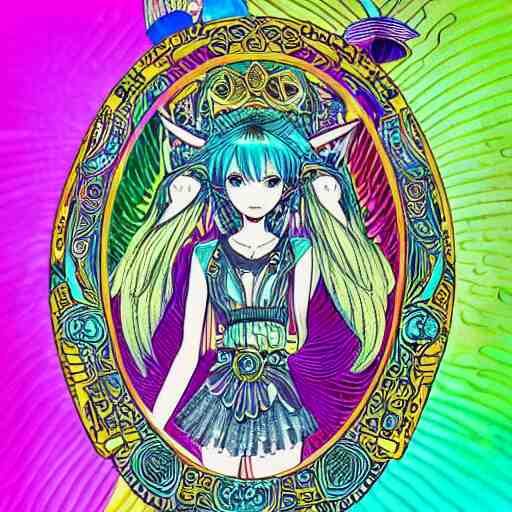 hatsune miki, intricate, amazing line work, cosmic, psychedelic, cheerful, colorful, tarot cards, the devil tarot card