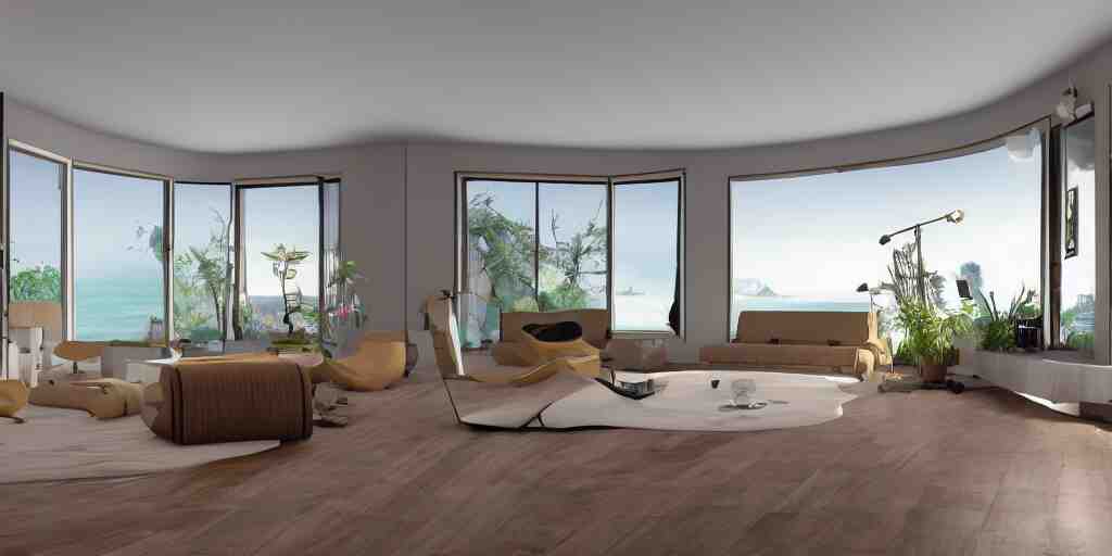 Equirectangular GoPro VR render of a modern living room, natural colors, ambient occlusion, national geographic, 8k uhd