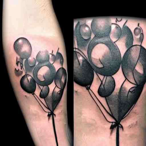 a tattoo of multiple small balloons floating up, tattoo art, black and white tattoo,