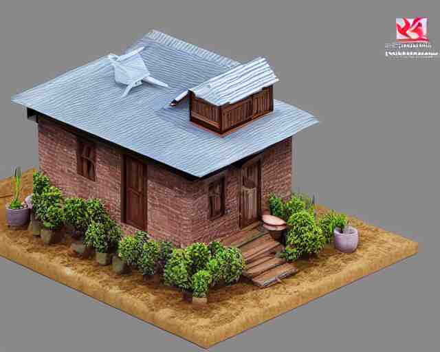 small cute assam type house, 1 0 0 mm, 3 d render, isometric, diorama, perfectly centered and isolated on white background 