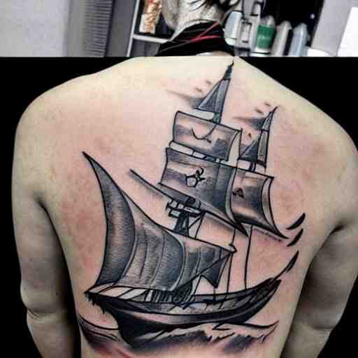 A pirate ship tattoo design in the style of Dmitriy Samohin, hyper realistic tattoo