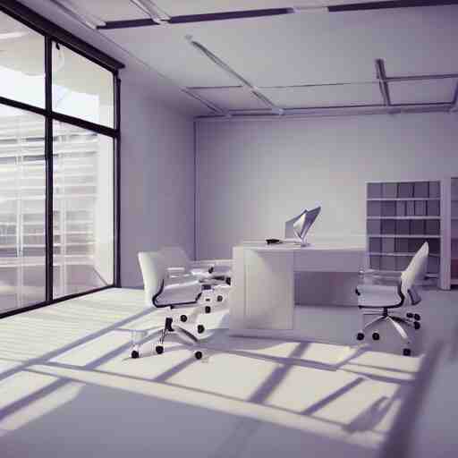 a white empty pink office with sun rays looming down, with a pool inside, dynamic lighting, photorealistic concept art, trending on art station, stunning visuals, creative, cinematic, ultra detailed, ray tracing 