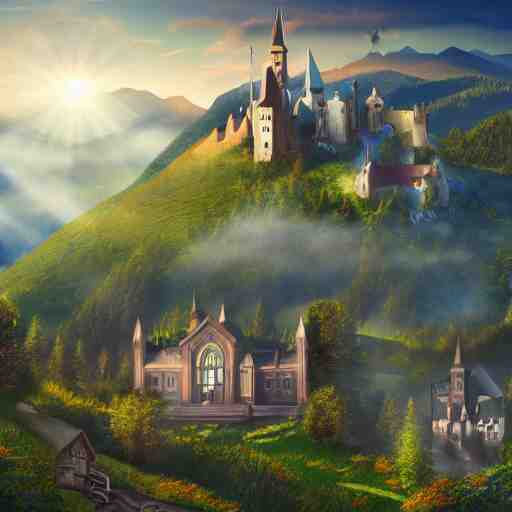 magical academy on a mountain, town below, mist, mystical, happy, sunshine, realistic, by bagshaw, tom 