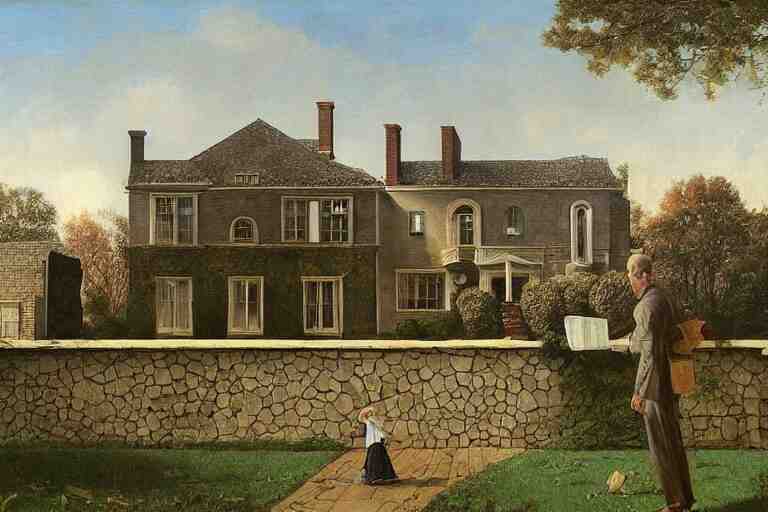 a small house and a mansion. they are divided by a wall of money by rockwell 