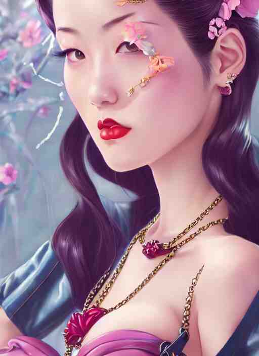 a pin up and beautiful fashion dreamlke japan girl with lv jewelry, character art, art by artgerm, wlop, loish, hyperdetailed, 8 k realistic, symmetrical, global illumination, radiant light, frostbite 3 engine, cryengine, dof, trending on artstation, digital art, chanel, dior, detailed background 