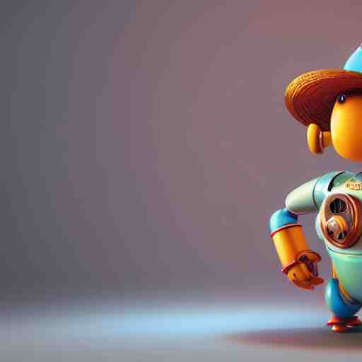 full body portrait of a round robot with a moustache wearing hat, painting a canvas, big head, high detail, beautiful light, depth of field, sharp focus, clean design, 4 k, pixar, colorful, octane render 