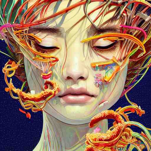 the face of a ridiculously beautiful and pretty japanese girl partially made of onion rings of all colors looking down, an ultrafine detailed illustration by james jean, final fantasy, intricate linework, bright colors, behance contest winner, vanitas, angular, altermodern, unreal engine 5 highly rendered, global illumination, radiant light, detailed and intricate environment 