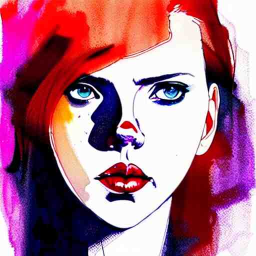 phil noto, pretty scarlett johansson black widow, symmetrical eyes, long red hair, full body, by agnes cecile and moebius and envi bikal, very luminous design, pastel colours, ink drips, autumn lights 