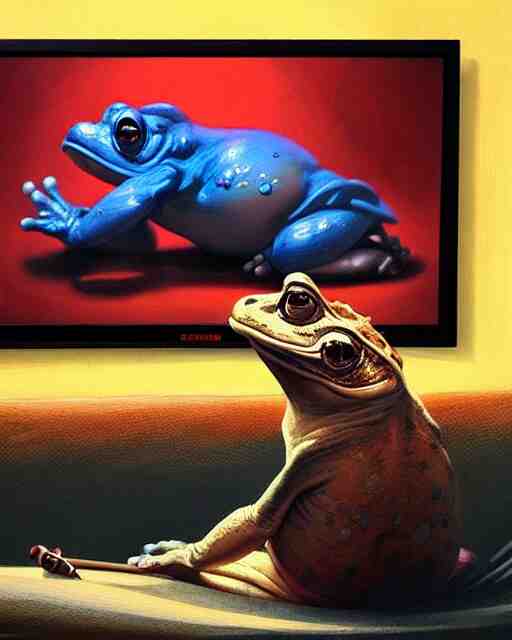 hyper realistic oil painting of toad watching a tv movie on the couch, back camera shot, vibrant colors, high contrast, by greg rutkowski, trending on artstation, caricaturist 