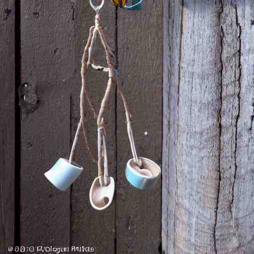 This is a sketch of a wind chime made from the pieces of a broken mug. It shows the mug handle as the top piece with strings attached to it, and the bottom pieces of the mug hanging down like little bells, iso 300, f-stop 1.5, Pentax