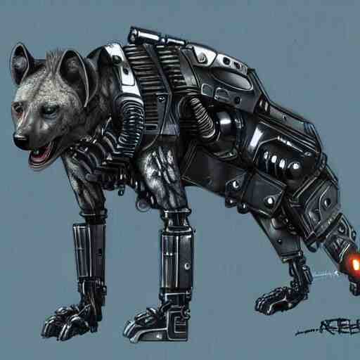 cybernetic hyena, bladerunner style, cyborg with lots of metal and wires, realistic highly detailed concept art 