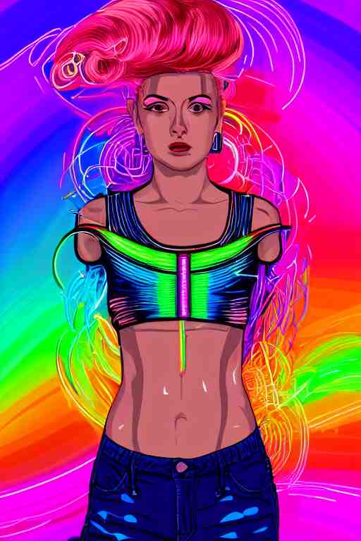 a award winning half body portrait of a beautiful woman with stunning eyes in a croptop and cargo pants with rainbow colored hair, routlined by whirling illuminated neon lines, fine rainbow colored lines swirling in circles, outrun, vaporware, shaded flat illustration, halftone, digital art, trending on artstation, highly detailed, fine detail, intricate 