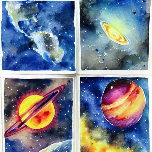 planets colliding, space, stars, sun, earth, planets, explosions, huge explosions in space, watercolor art 