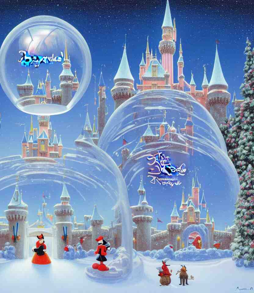 an achingly beautiful print of one cylindrical snow globe with disneyland inside by raphael, hopper, and rene magritte. detailed, proportional, romantic, vibrant, enchanting, trending on artstation 