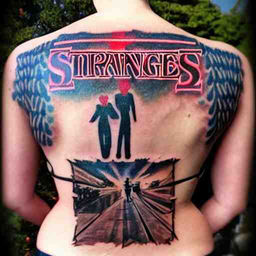 big stranger things logo tattoo ed on the back of a beautiful woman lying on a wood parket 