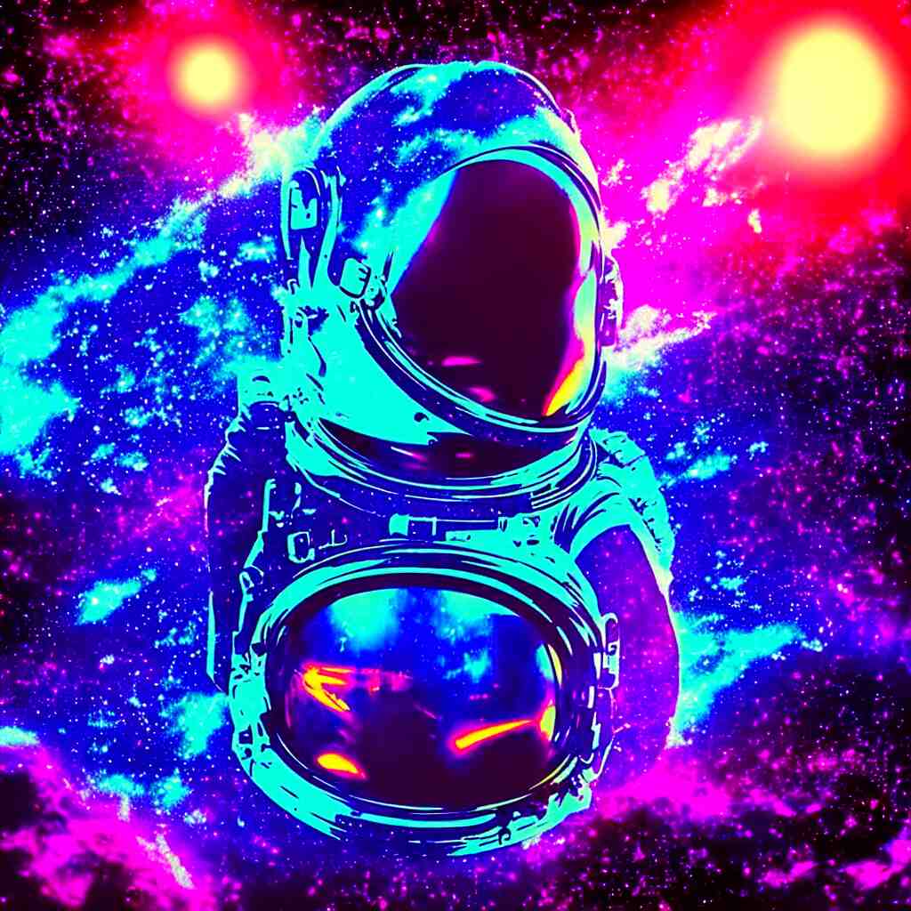 astronaut sucked into blackhole synthwave, glitchy, reflective, holographic, neon 