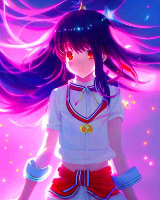 anime style, vivid, expressive, full body, 4 k, painting, a cute magical girl with a long wavy hair wearing a sailor outfit, correct proportions, stunning, realistic light and shadow effects, neon lights, studio ghibly makoto shinkai yuji yamaguchi 