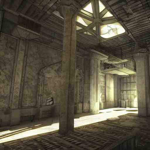 interior mazelike architecture from quake, lovecraftian, liminal space, moody lighting, unreal engine 5, hyper detailed, hyper realistic 