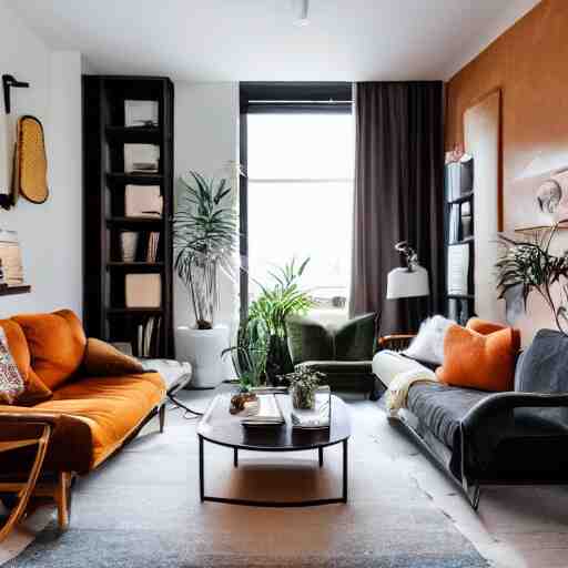 award winning interior design apartment, dusk, cozy and calm, fabrics and textiles, colorful accents, secluded, many light sources, lamps, hardwood floors, book shelf, couch, desk, balcony door, plants, photograph magazine, wide angle