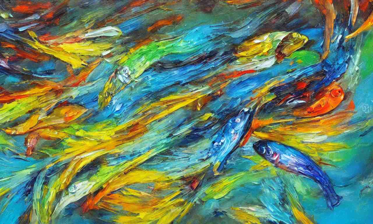 painting of splashing water, small fish, representation with abstraction, frenetic oil painting, values as flat shapes, pastel color pallet, 