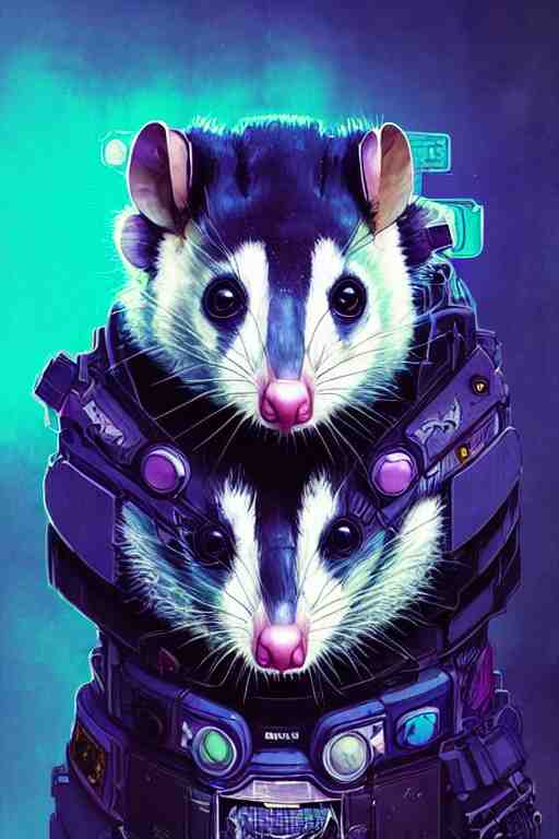 a beautiful portrait of a cute cyberpunk opossum by sandra chevrier and greg rutkowski and wlop, purple blue color scheme, high key lighting, volumetric light, digital art, highly detailed, fine detail, intricate, ornate, complex, octane render, unreal engine, photorealistic 