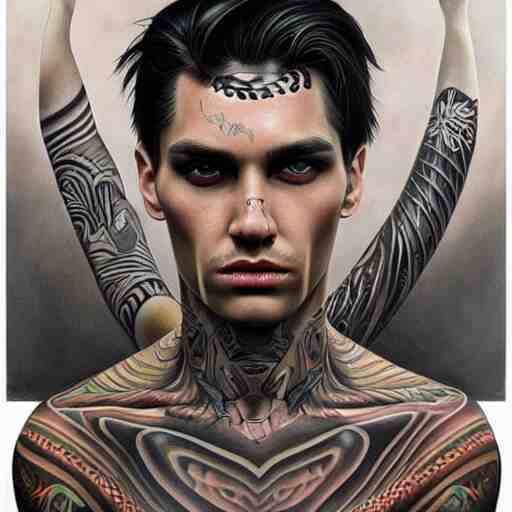 ultra realistic portrait painting of a perfect handsome man green eyes black and grey hair, neck tribal snake tattoo,  painted by Tristan Eaton Stanley Artgerm and Tom Bagshaw