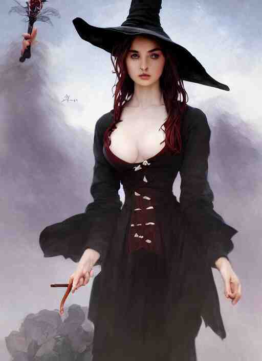 character concept portrait of anna de armas as a witch with a big black pointy hat casting a spell, a floating burning love potion in the center, intricate, elegant, digital painting, concept art, smooth, sharp focus, illustration, from Metal Gear, by Ruan Jia and Mandy Jurgens and William-Adolphe Bouguereau, Artgerm