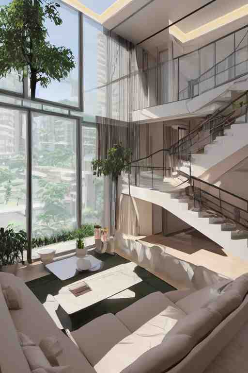 isometric interior of luxury condominium with minimalist furniture and lush house plants | modern architecture by makoto shinkai, ilya kuvshinov, lois van baarle, rossdraws and frank lloyd wright 