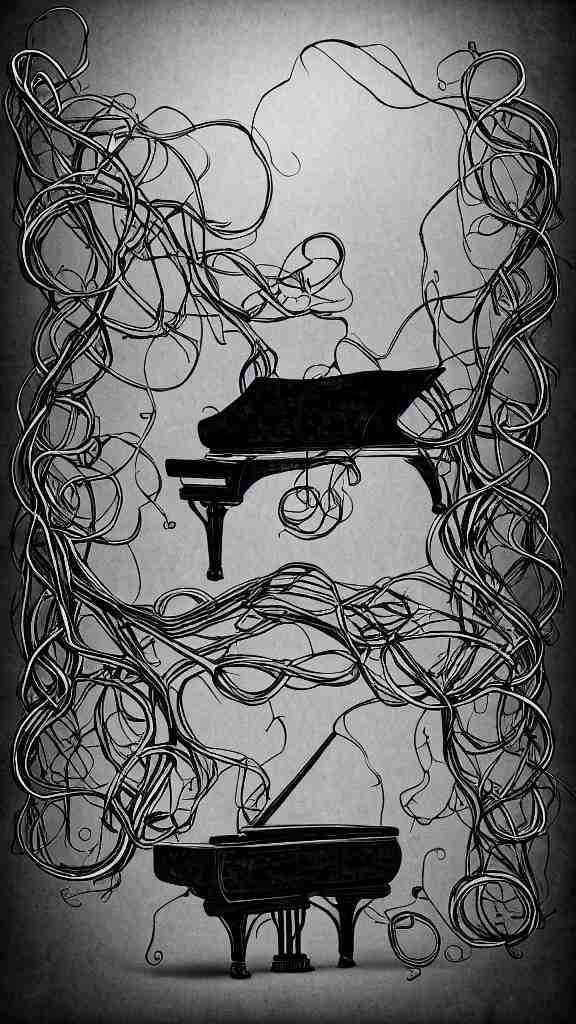 a grand piano with long thick vines wrapped around it, fantasy art, art station, grey background,